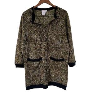 Wool Blend Cardigan Leopard Print Brown Green Black Trim Pockets Vintage Size M